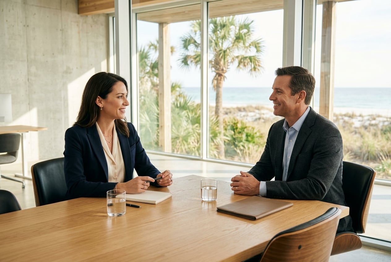 A talent partner and candidate in an executive consultation in a sun-filled coastal office